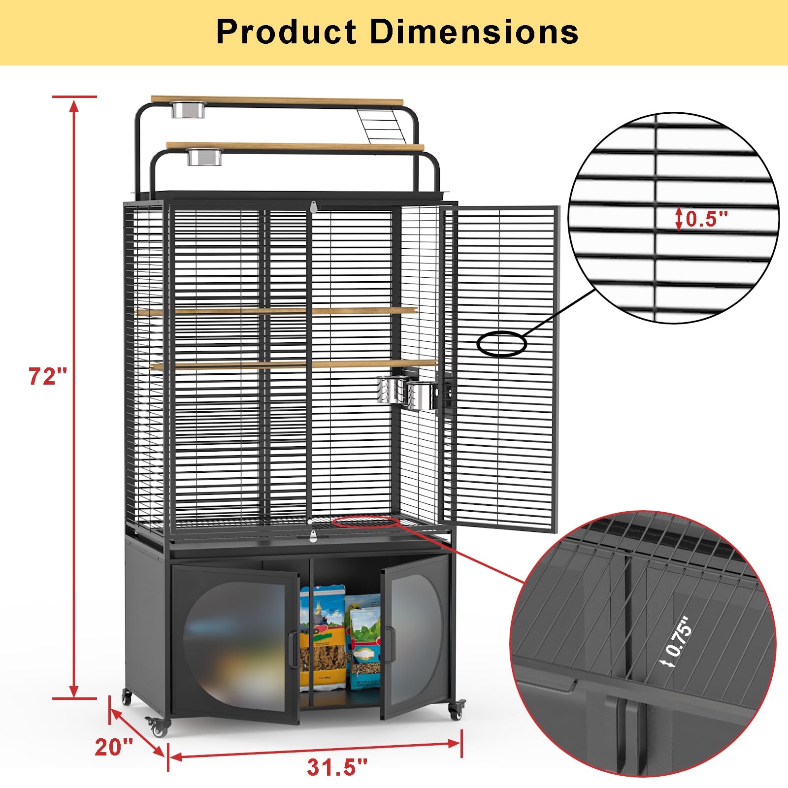 GDLF 72-Inch Bird Cage with Play Top, Parakeet Cage with Rolling Storage Cabinet Extra Large with Cover for Parrot, Cockatiel, B